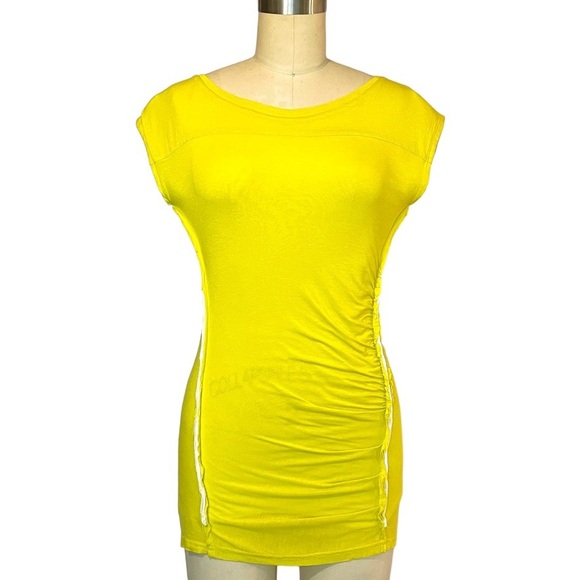 Line White & Neon Yellow Cap Sleeve Top  Raw Edges Side Gathering size XS - Picture 1 of 6
